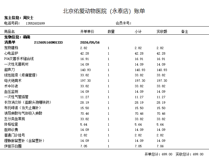 术前费用预估单模板